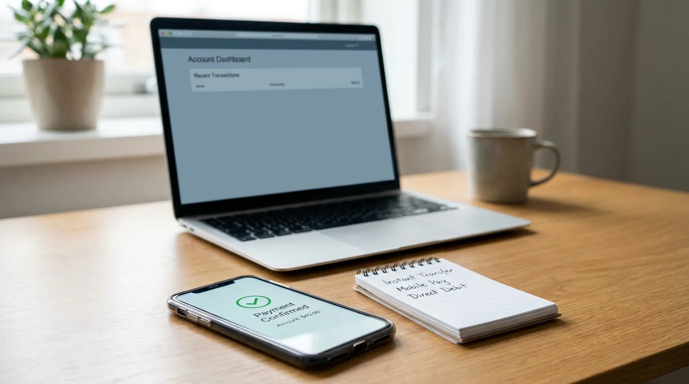 Smartphone mit Bestätigung einer Echtzeitüberweisung und Notizbuch mit Liste der alternativen Bezahlmethoden