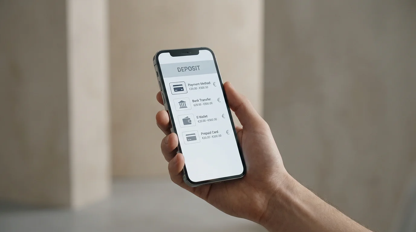 Smartphone zeigt Einzahlungsmaske mit verschiedenen Mindestbeträgen je Zahlungsweg