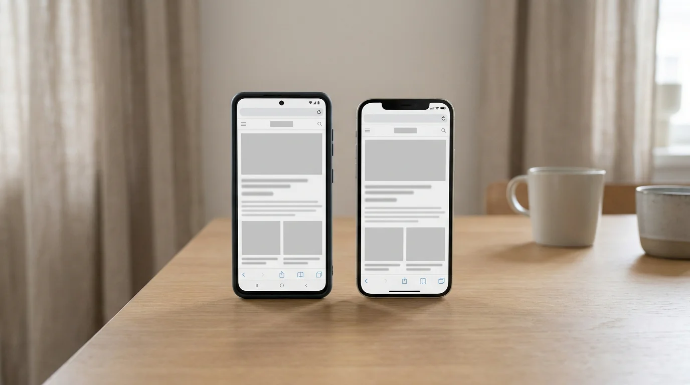 Android-Smartphone und iPhone mit identischen mobilen Web-Layouts nebeneinander