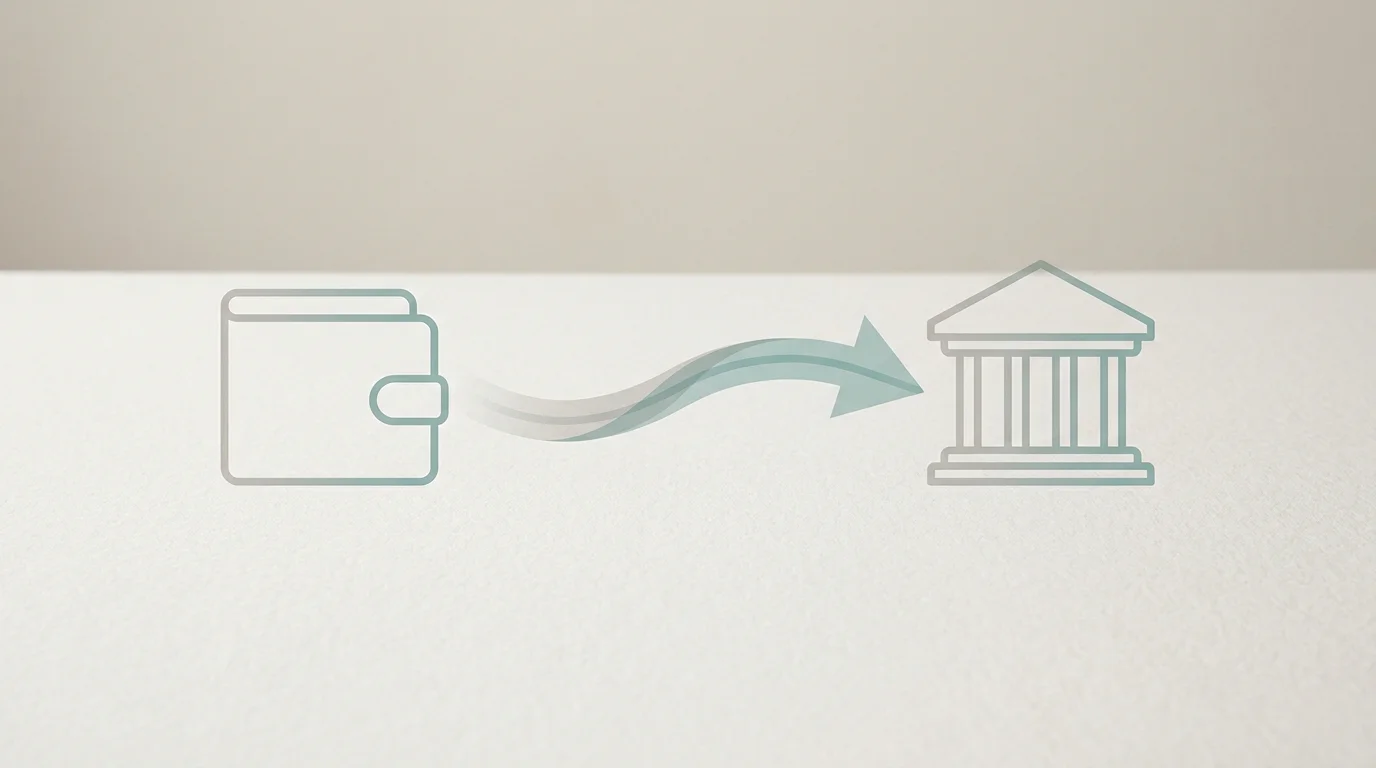 Symbolische Darstellung eines Pfeils, der von einem Wallet zu einem Bankkonto führt – ohne Rückweg zum Wallet