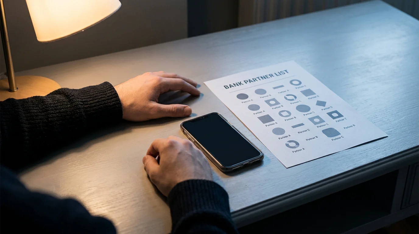 Smartphone mit Banken-Auswahl und Kreditkarten-Symbolik neben einem Ausdruck, der Banken-Partner listet