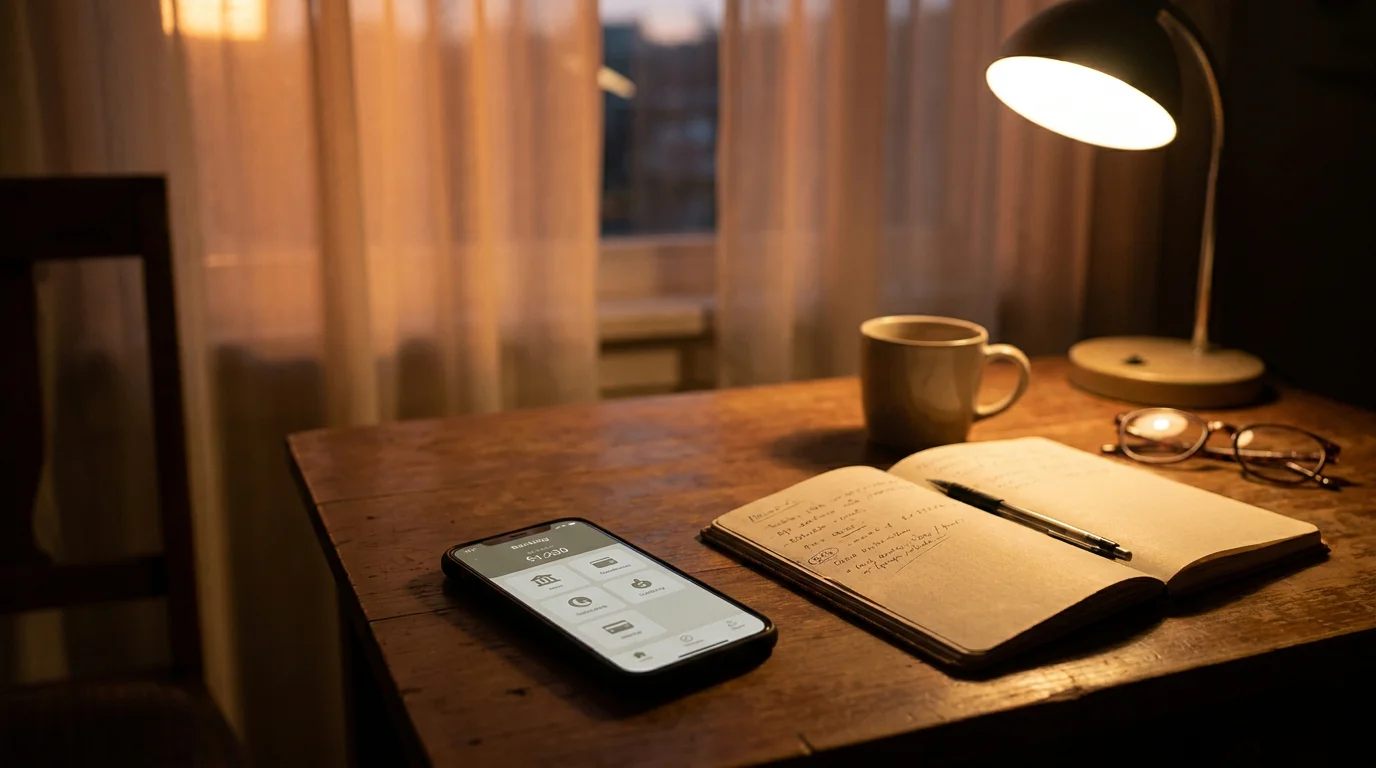 Smartphone mit Banking-App auf einem Schreibtisch am Abend