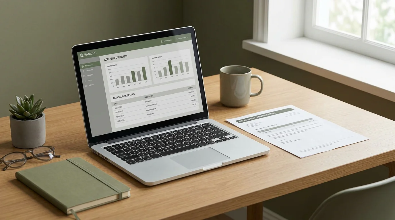 Laptop mit Banking-App und Auszahlungsbestätigung auf einem Schreibtisch