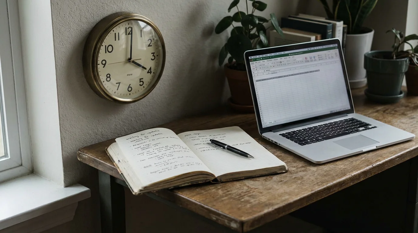 Uhr und Notizbuch auf Schreibtisch neben Laptop