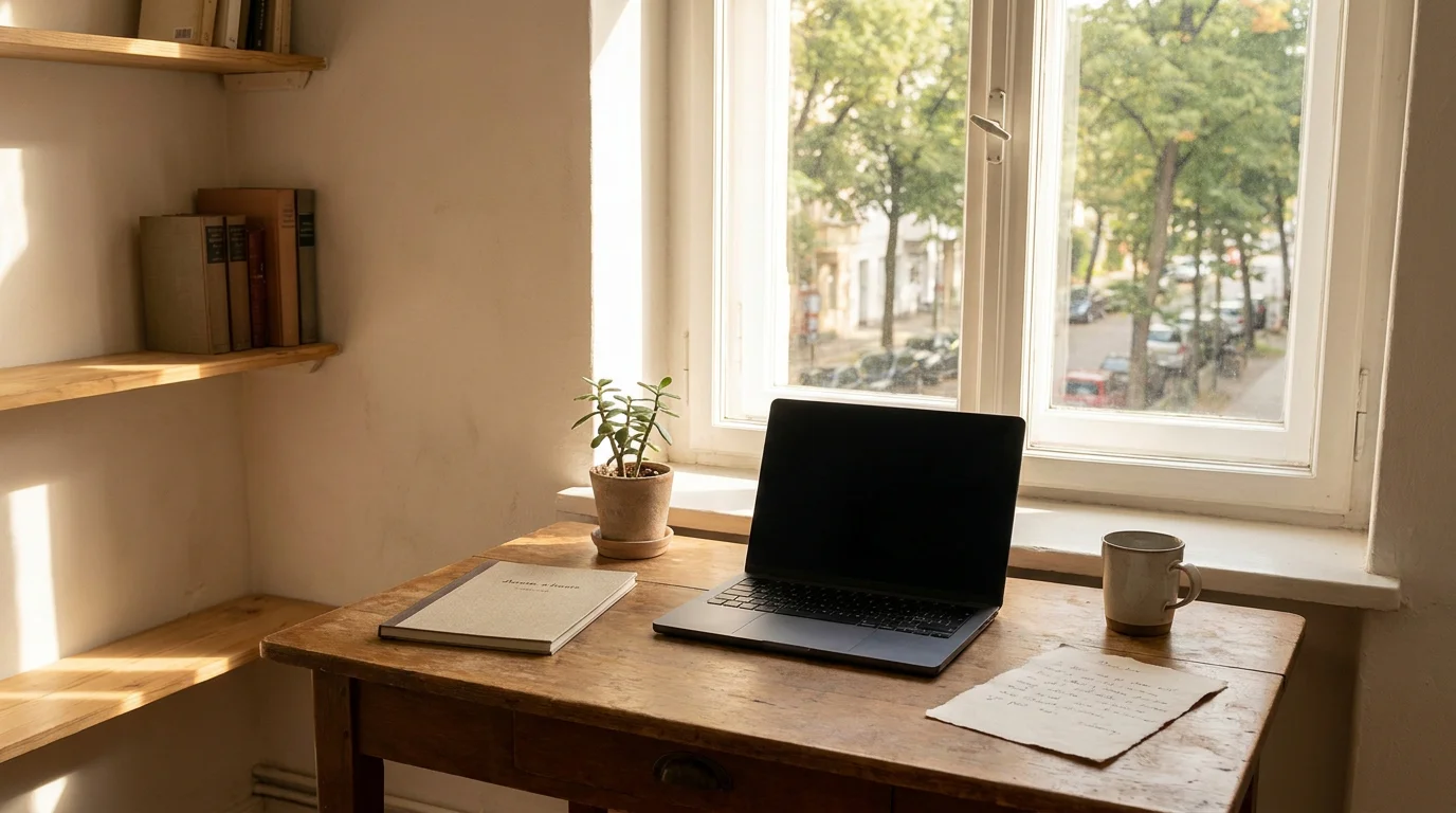 Ruhiger Arbeitsplatz mit neutralem Baccarat-Regelblatt und geschlossenem Laptop