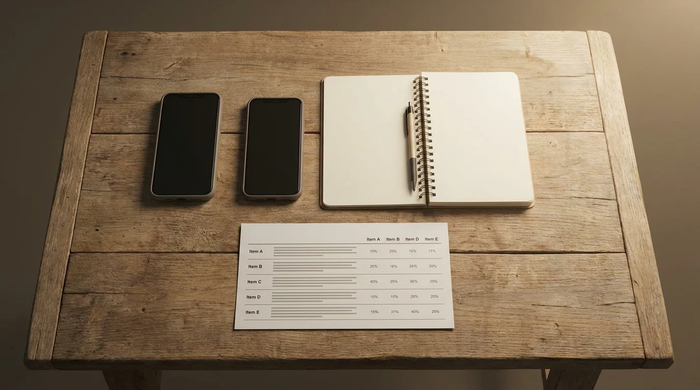 Blick auf eine Tischplatte mit zwei Smartphones, Notizbuch und Ausdruck einer Vergleichstabelle