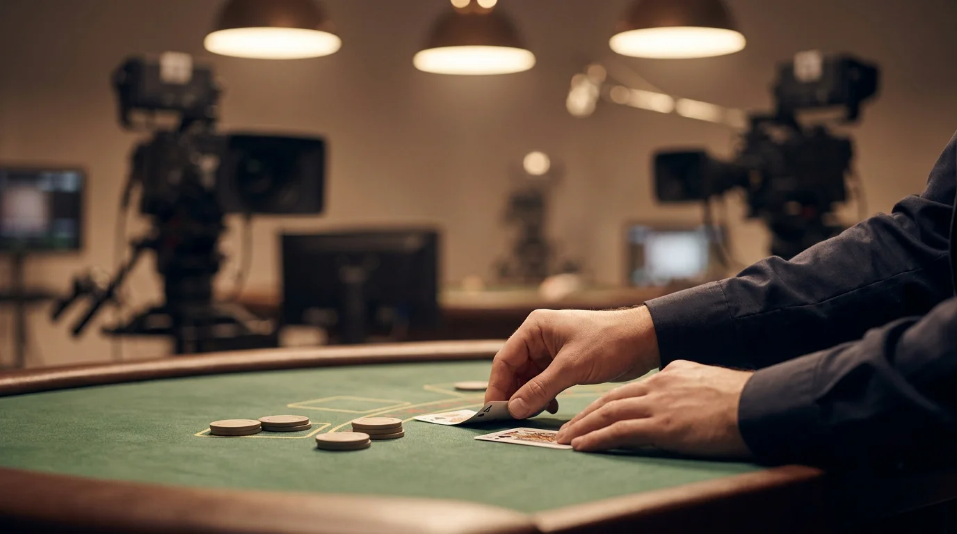 Live-Blackjack-Tisch mit Croupier und Spielkarten im Studio in Deutschland