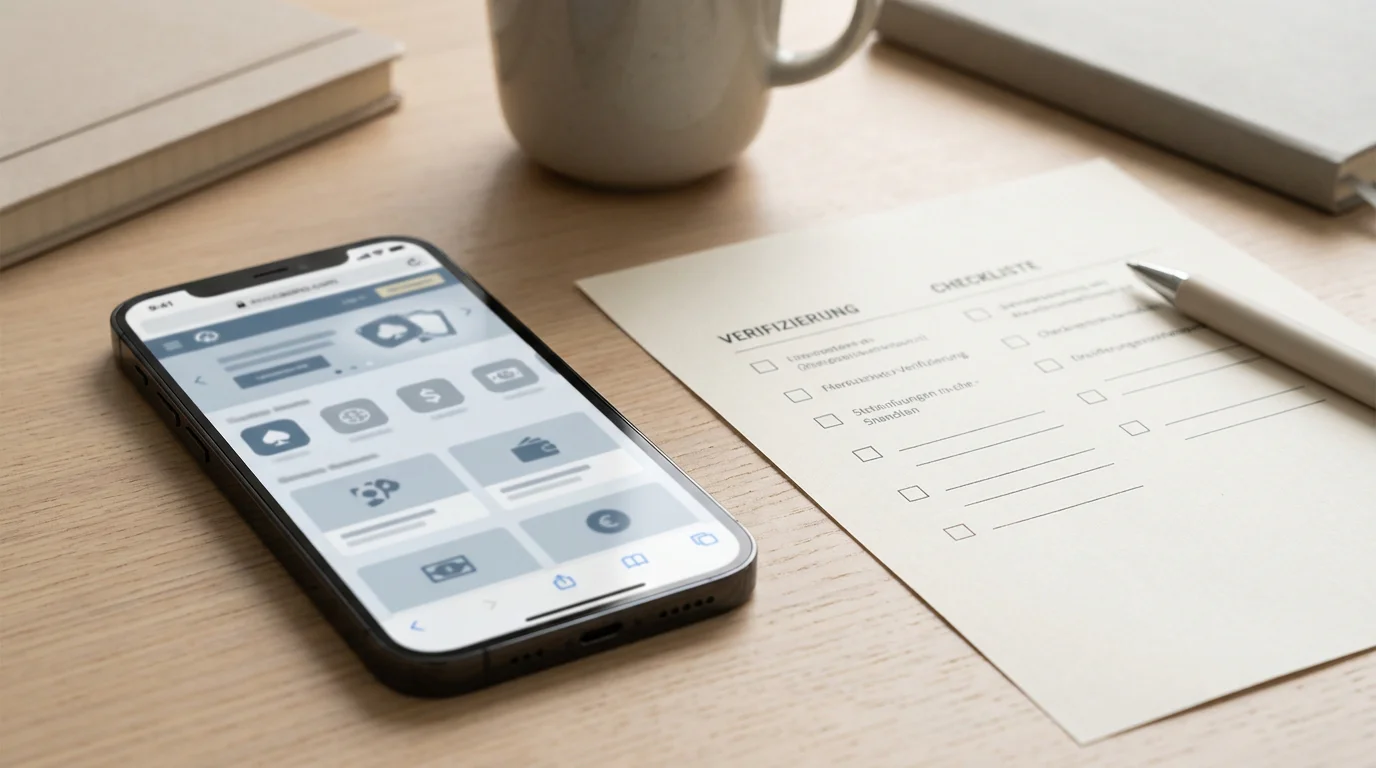 Smartphone mit neutraler Casino-Web-App neben einer deutschen Prüfliste auf einem Schreibtisch
