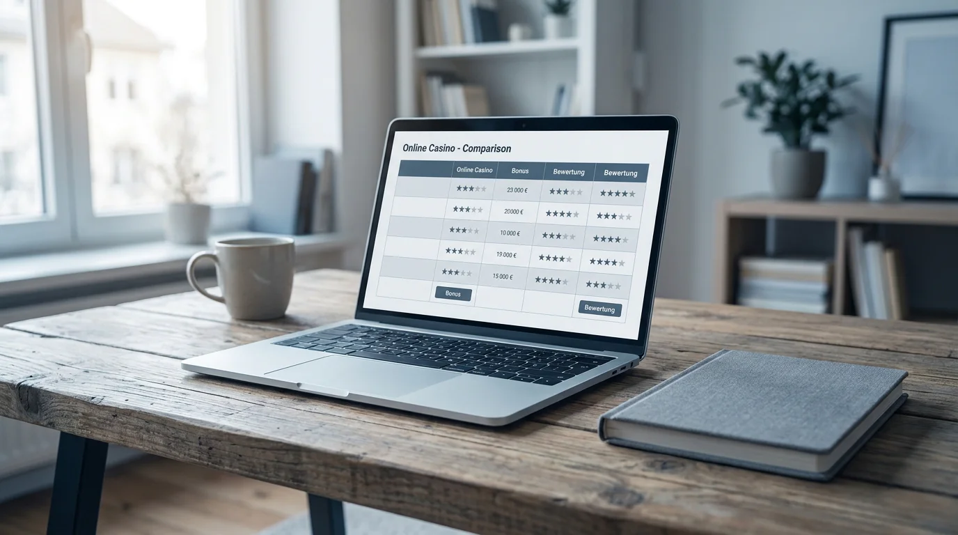 Laptop mit geöffneter Banking-Seite und einer Tabelle seriöser deutscher Online-Casinos