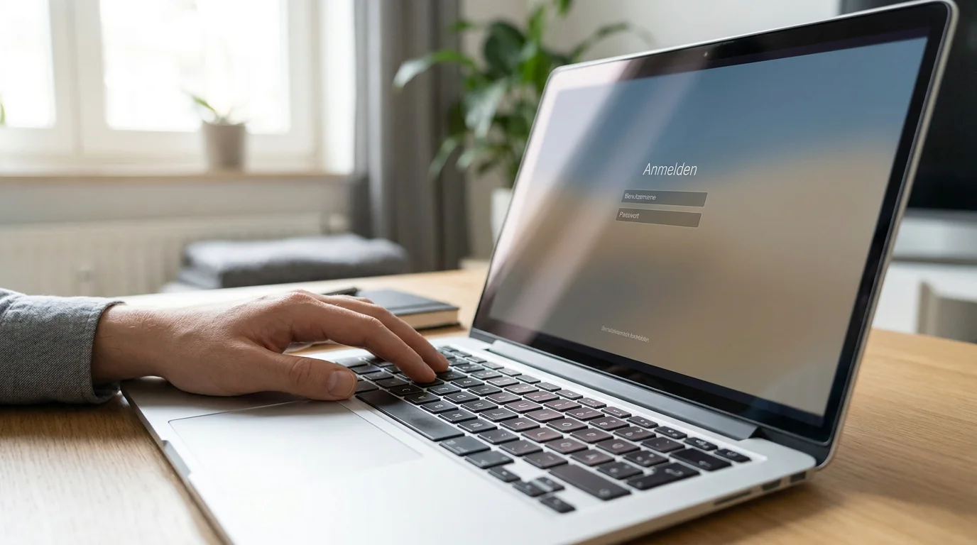 Nahaufnahme einer Hand an der Laptop-Tastatur, im Hintergrund ein aufgeräumter Browser-Tab mit einem deutschen Online-Banking-Login-Fenster in zurückhaltenden Blau- und Grautönen