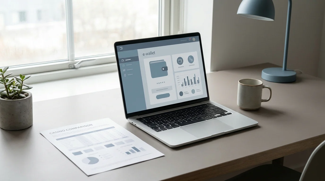 Laptop mit neutraler E-Wallet-Kasse und Casino-Vergleich auf dem Schreibtisch