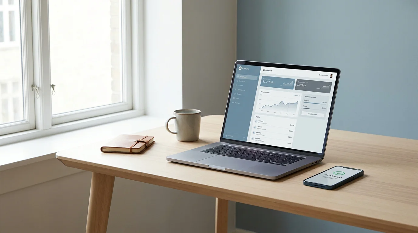 Tisch mit Laptop, offenem Online-Banking und einer neutralen Banking-Bestätigung