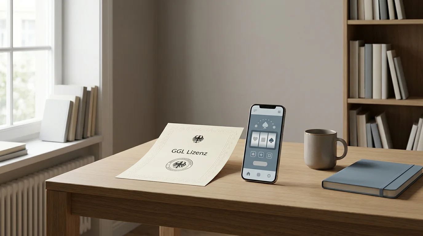 Hero-Visual: Aufgeräumter Schreibtisch mit deutscher Lizenzurkunde, Smartphone und Unterlagen zum No-Deposit-Bonus