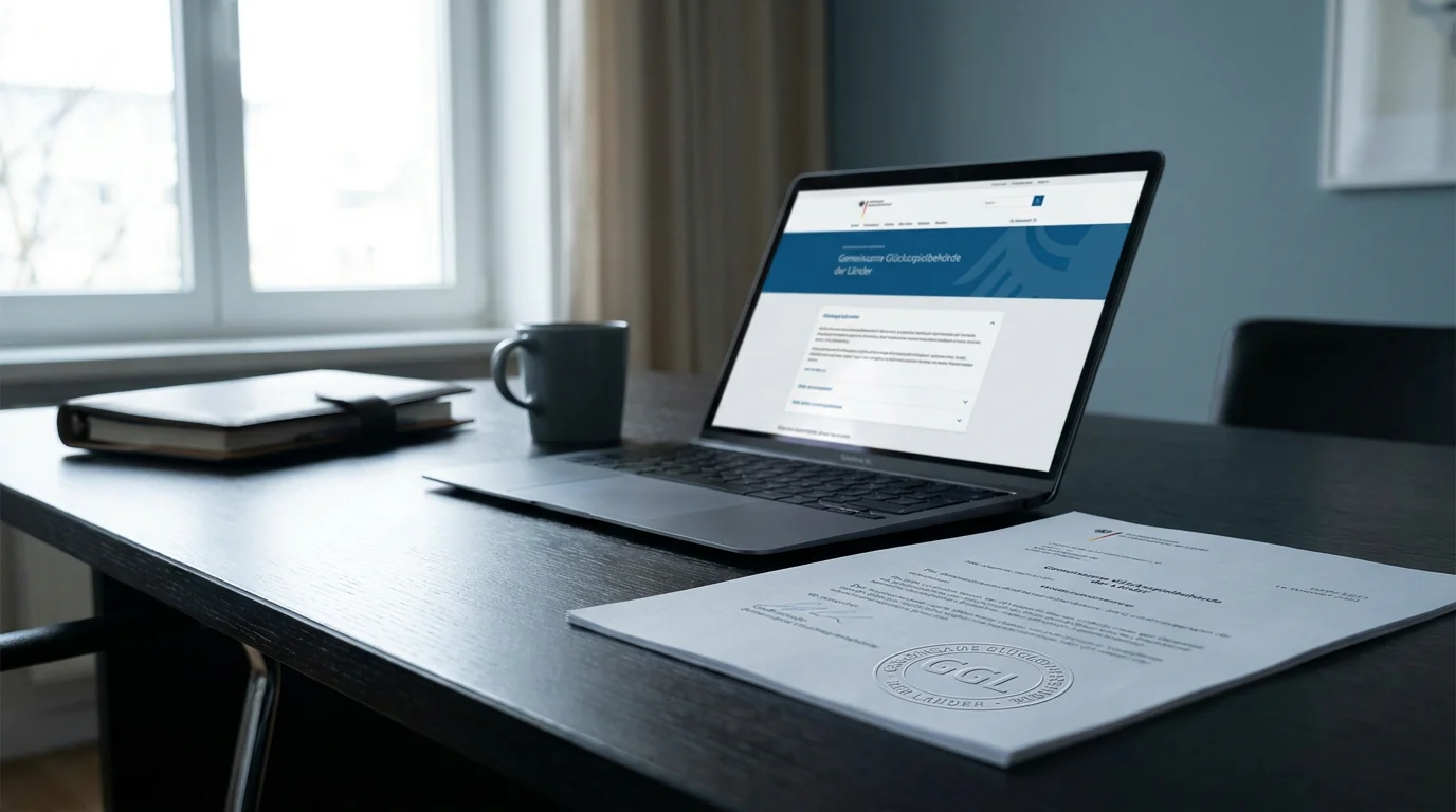 Dokument mit GGL-Siegel und Laptop auf aufgeräumtem Schreibtisch