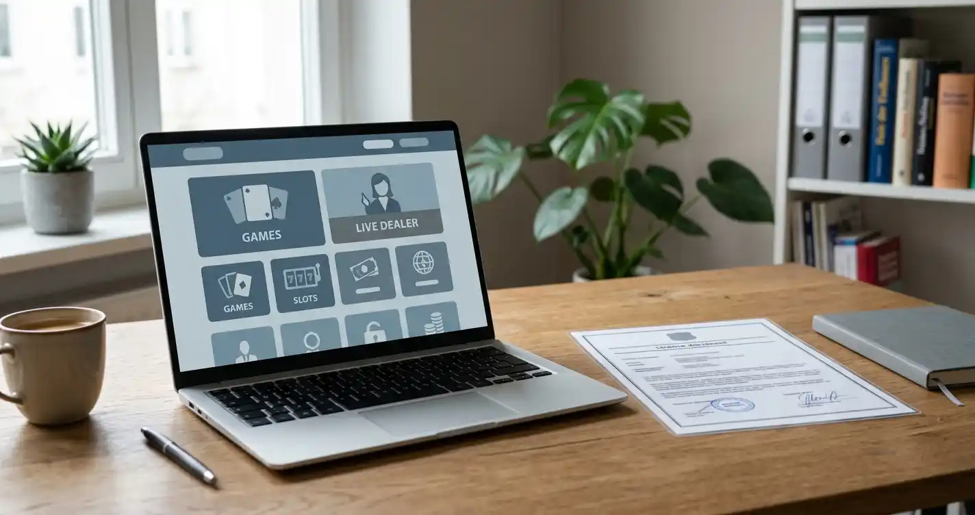 Laptop mit neutraler Casino-Oberfläche und geprüftem Lizenzdokument