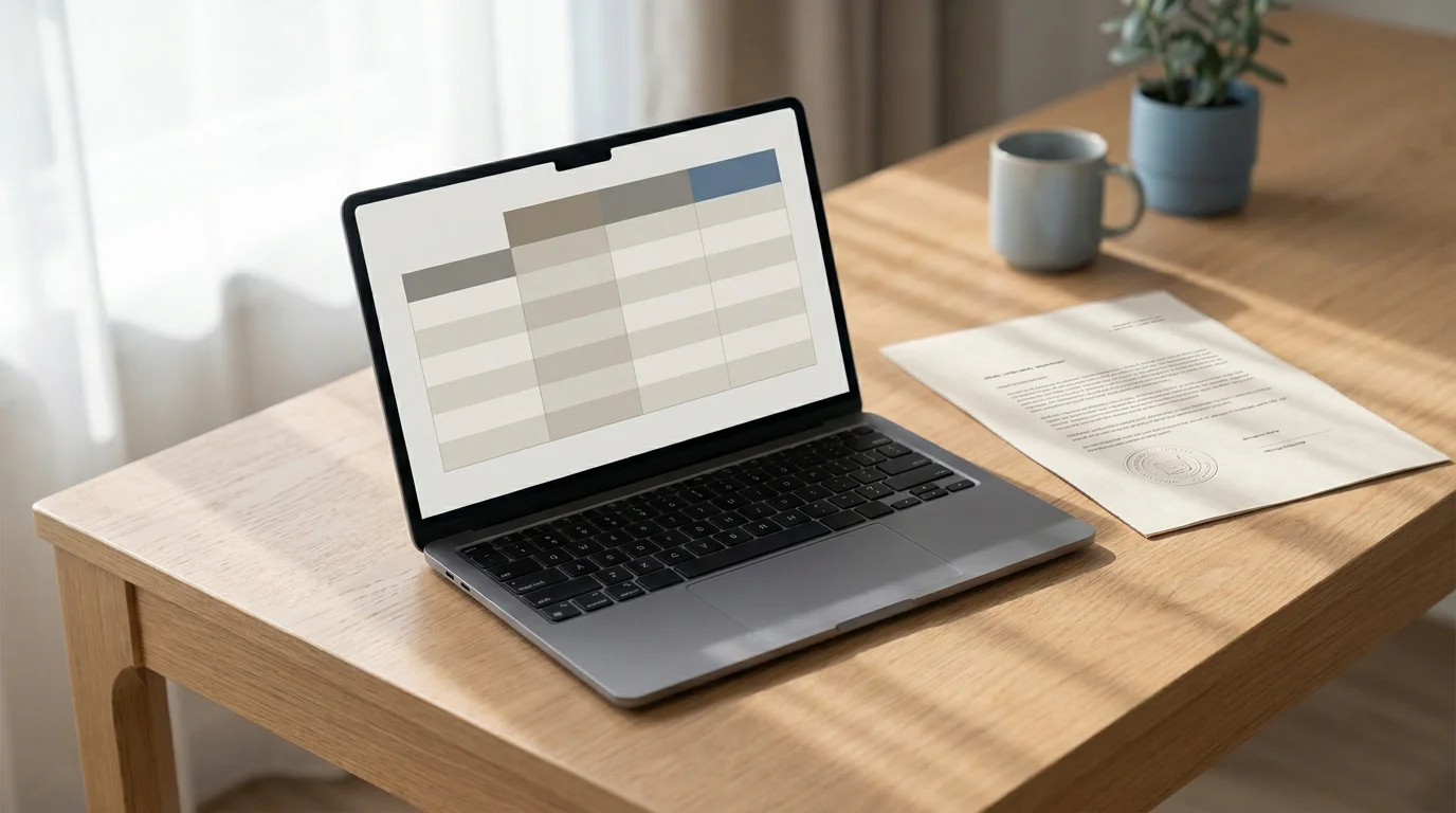 Laptop-Bildschirm mit Casino-Vergleichstabelle und Lizenzdokumenten auf einem Schreibtisch