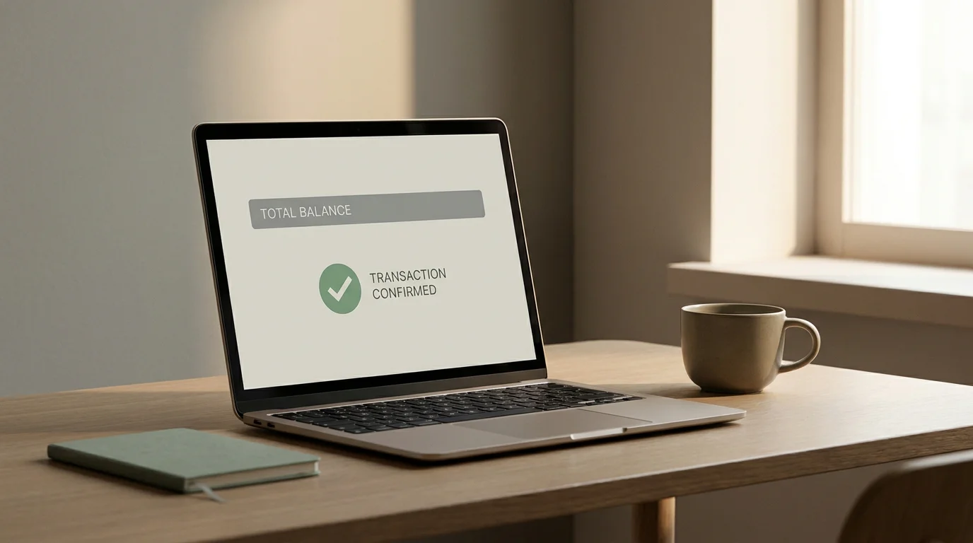 Laptop mit geöffneter Krypto-Wallet-Ansicht und Tastatur ohne Marken-Logos