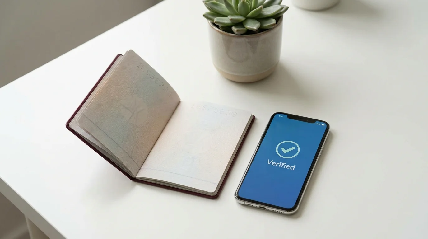 Personalausweis und ein Smartphone mit Verifizierungs-App auf einem Tisch