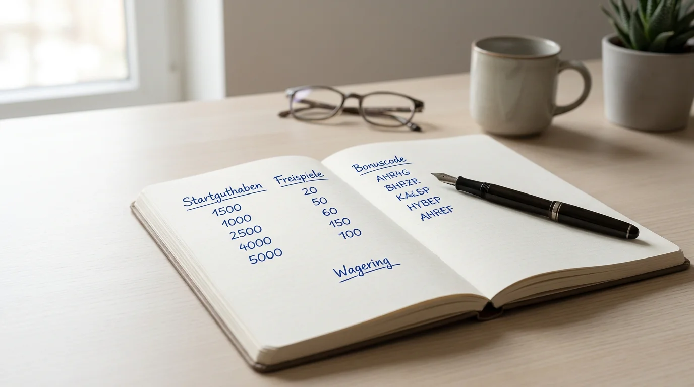 Notizbuch mit aufgelisteten Bonus-Formaten Stichpunkten auf einer ruhigen Schreibtischunterlage