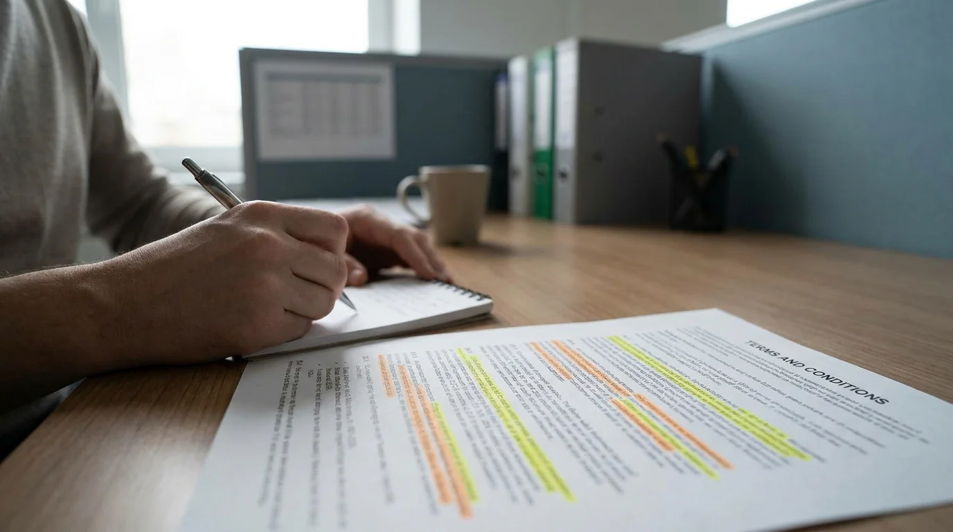 Dokument mit Bonus-Umsatzbedingungen und handschriftlichen Notizen auf dem Block