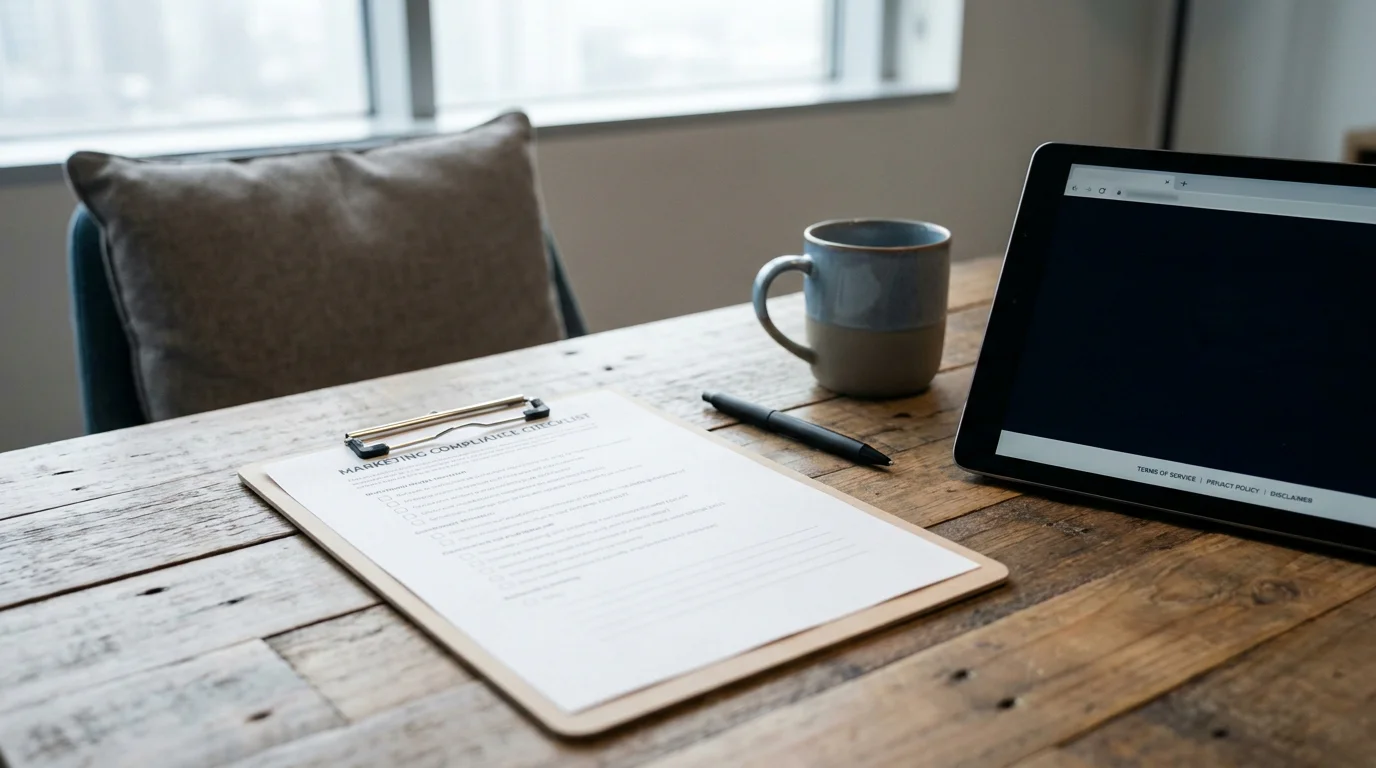 Clipboard mit Compliance-Checkliste und Tablet mit Disclaimer-Text auf dem Bildschirm