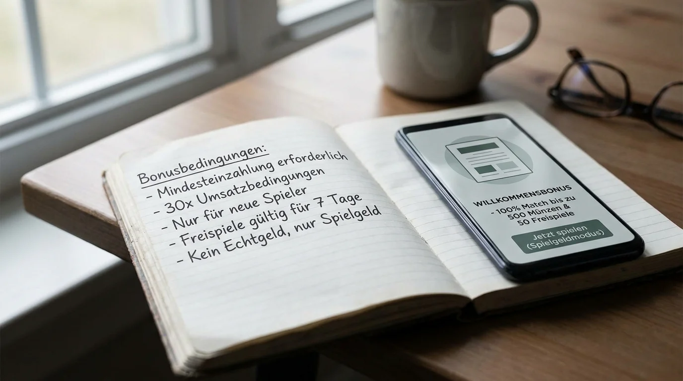Notizbuch mit handschriftlichem Vermerk zu Bonusbedingungen neben einem Smartphone mit Casino-App