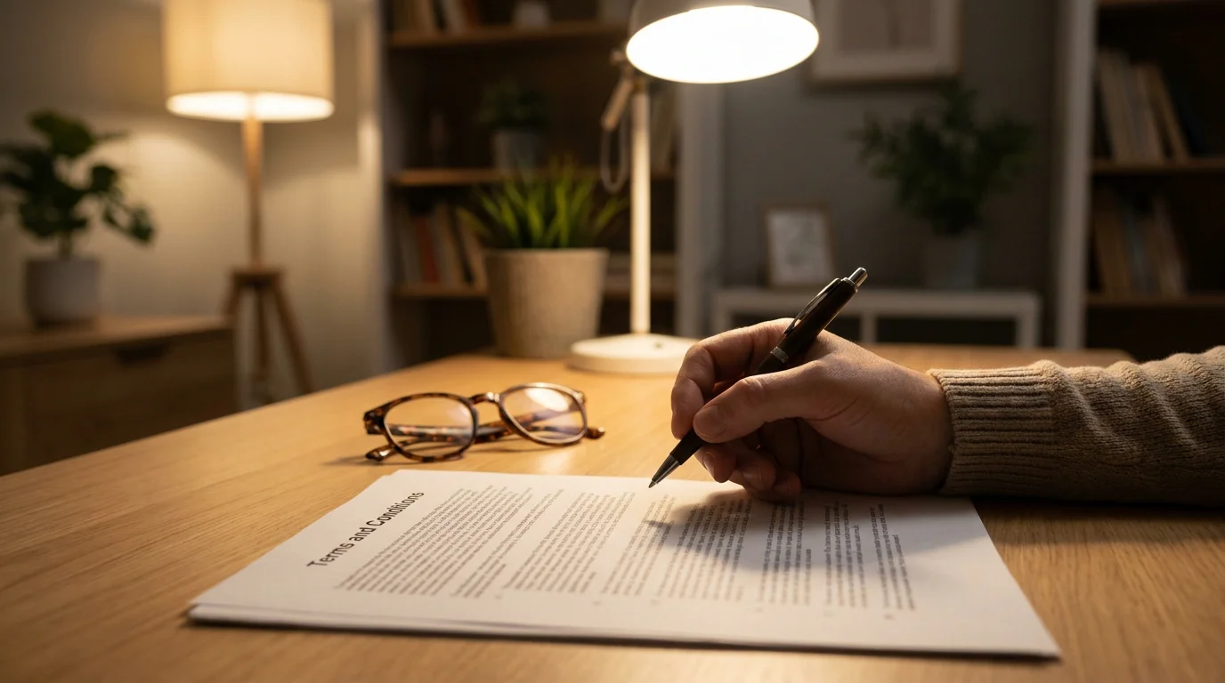 Hand mit Stift über einem ausgedruckten Bedingungsbogen mit Lesepult
