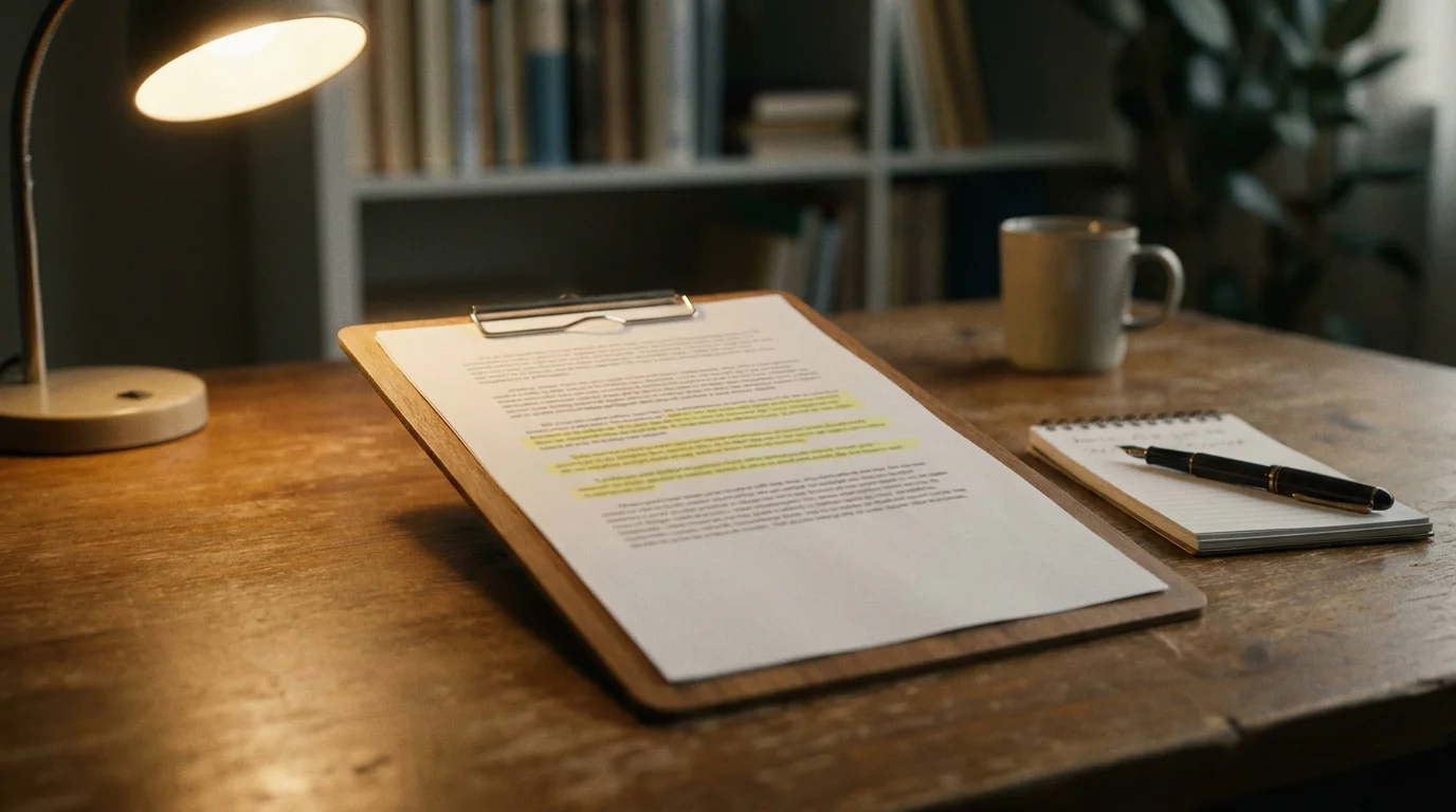 Markierter Text in einem AGB-Dokument, gelbe Hervorhebungen, ruhige Büroatmosphäre
