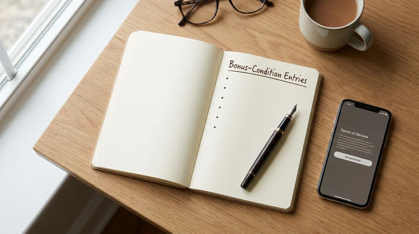 Taschenrechner, Notizbuch und Smartphone mit Bonusbedingungen auf dem Bildschirm