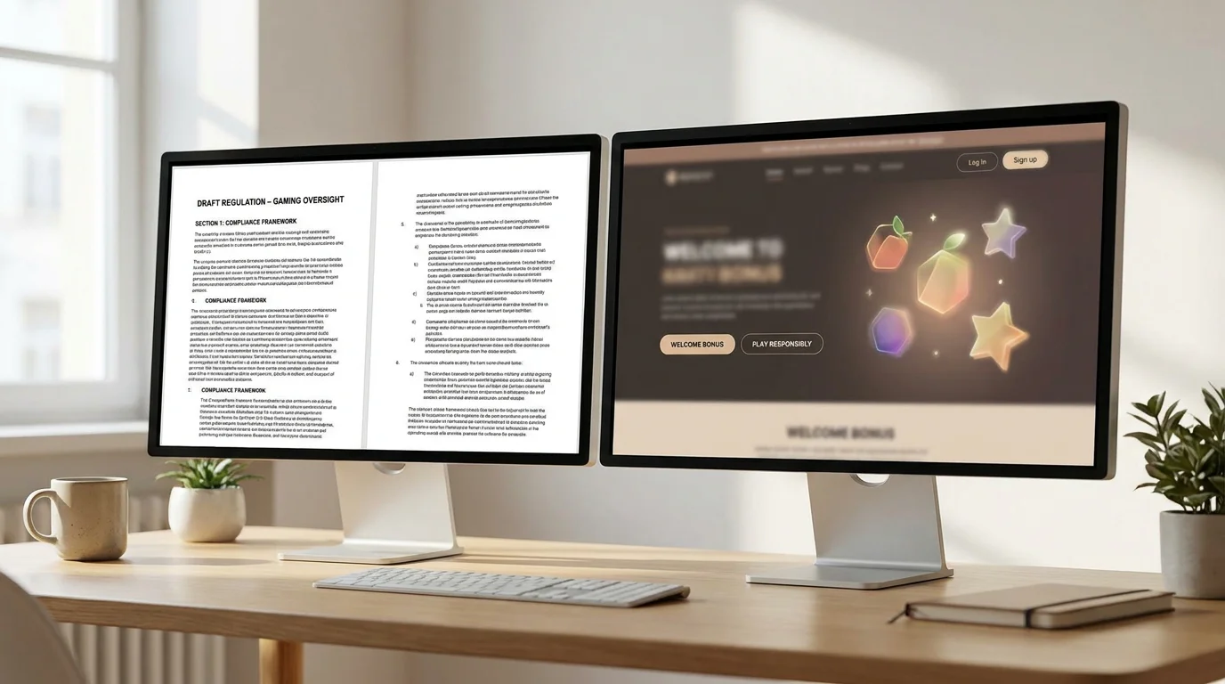 Zwei Bildschirme nebeneinander mit GGL-Whitelist und Offshore-Casino-Landingpage