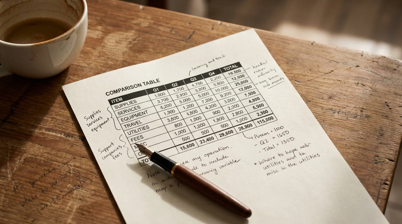 Schreibtisch mit ausgedruckter Anbieter-Vergleichstabelle, Stift und Notizen zur Bewertung