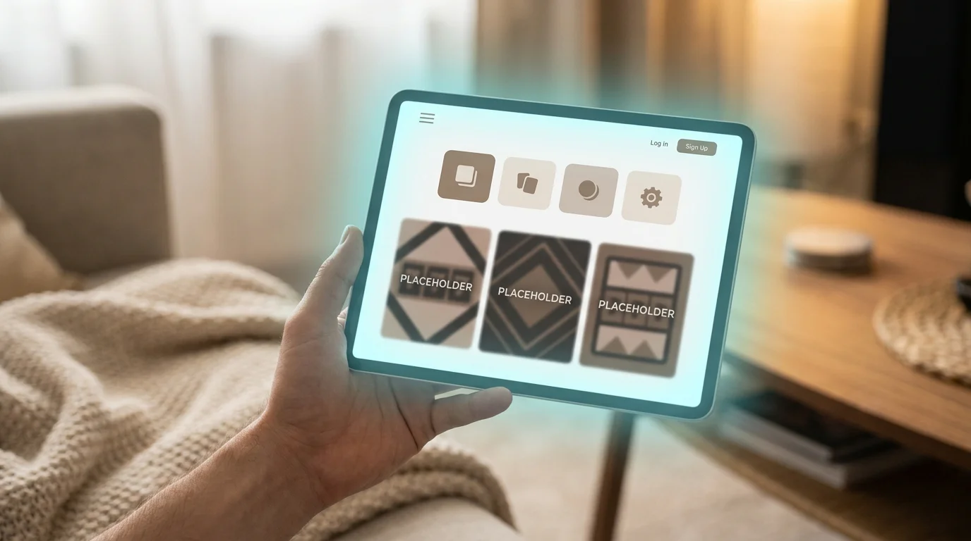 Stylische Casino-Lobby-Ansicht auf einem Tablet mit Spielkarten-Symbolen ohne Logos