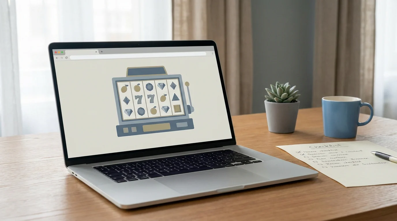 Laptop mit neutraler Spielautomat-Demo und deutscher Prüfliste