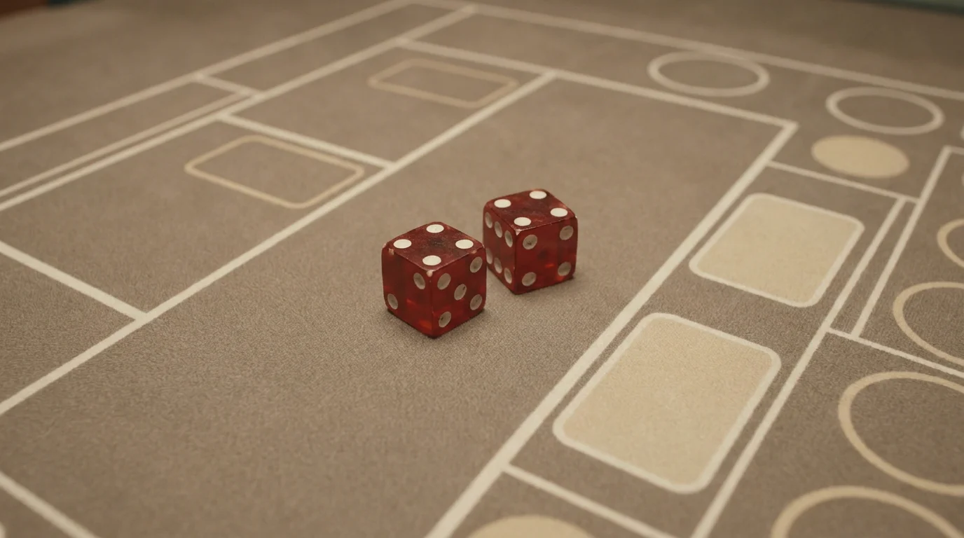 Craps-Würfel und markierter Spielablauf auf einem neutralen Tisch