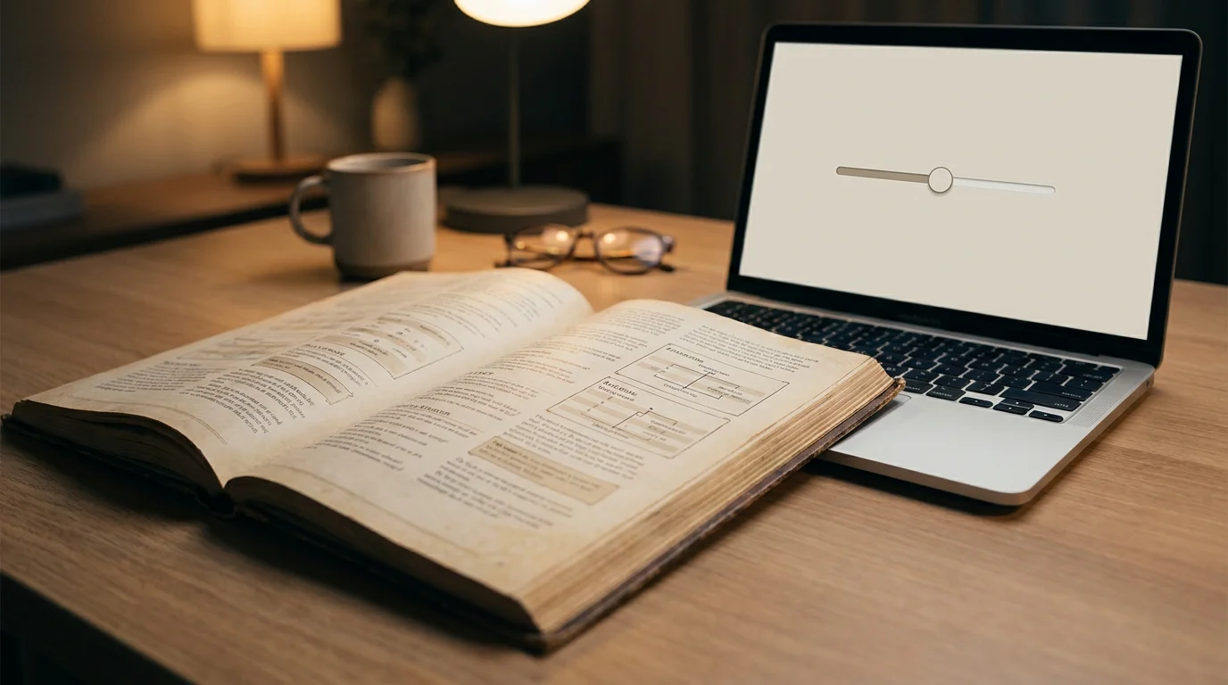 Aufgeschlagenes Regelwerk mit Laptop, der eine einfache Limitanzeige zeigt