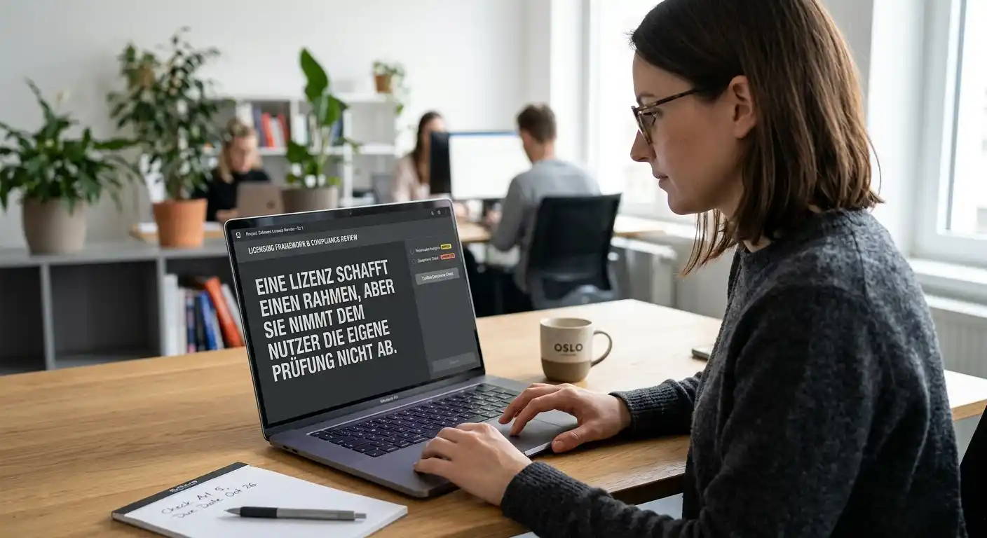 Neutrales Lizenzdokument und Laptop mit symbolischer Schutzbarriere