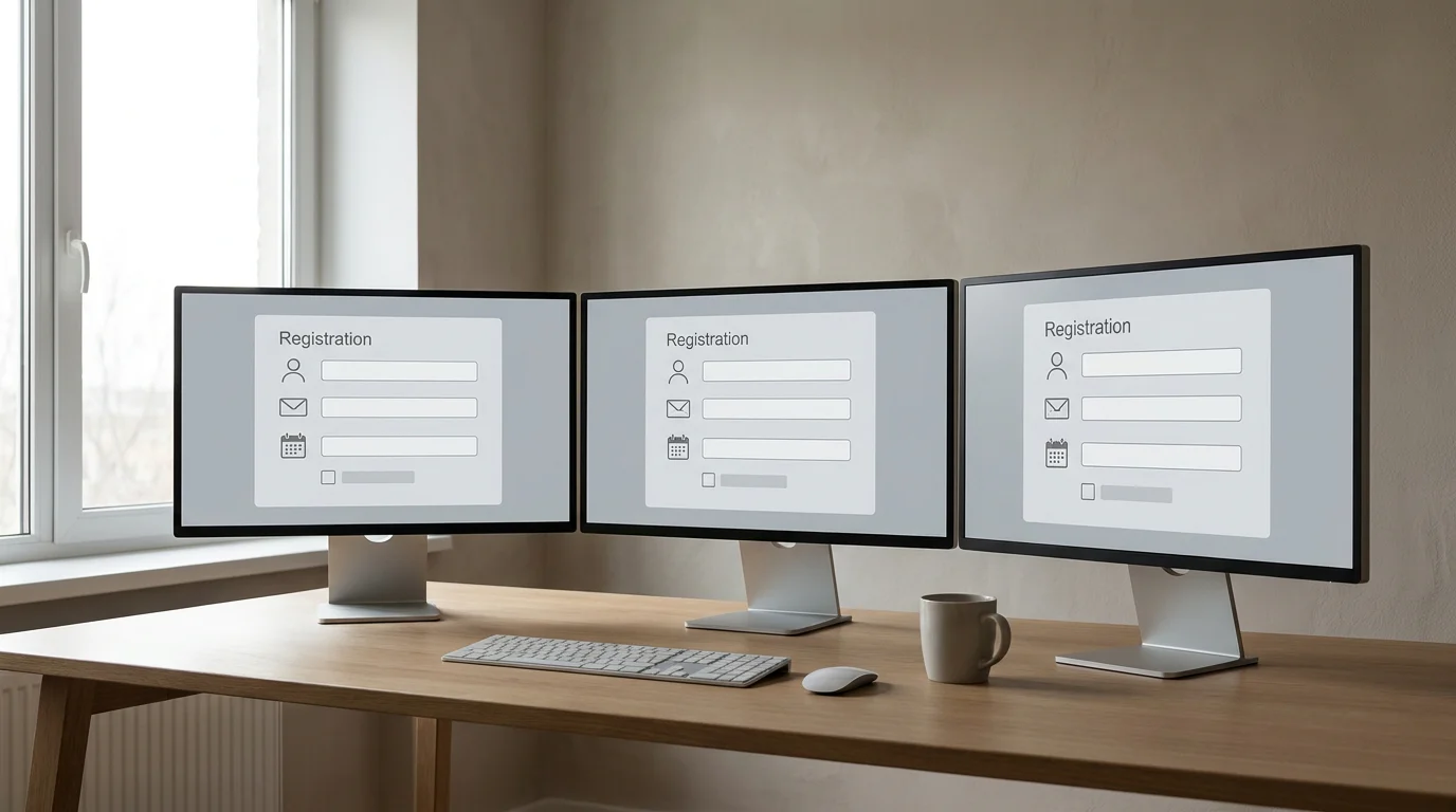 Drei Monitore nebeneinander mit neutralen Registrierungsformularen