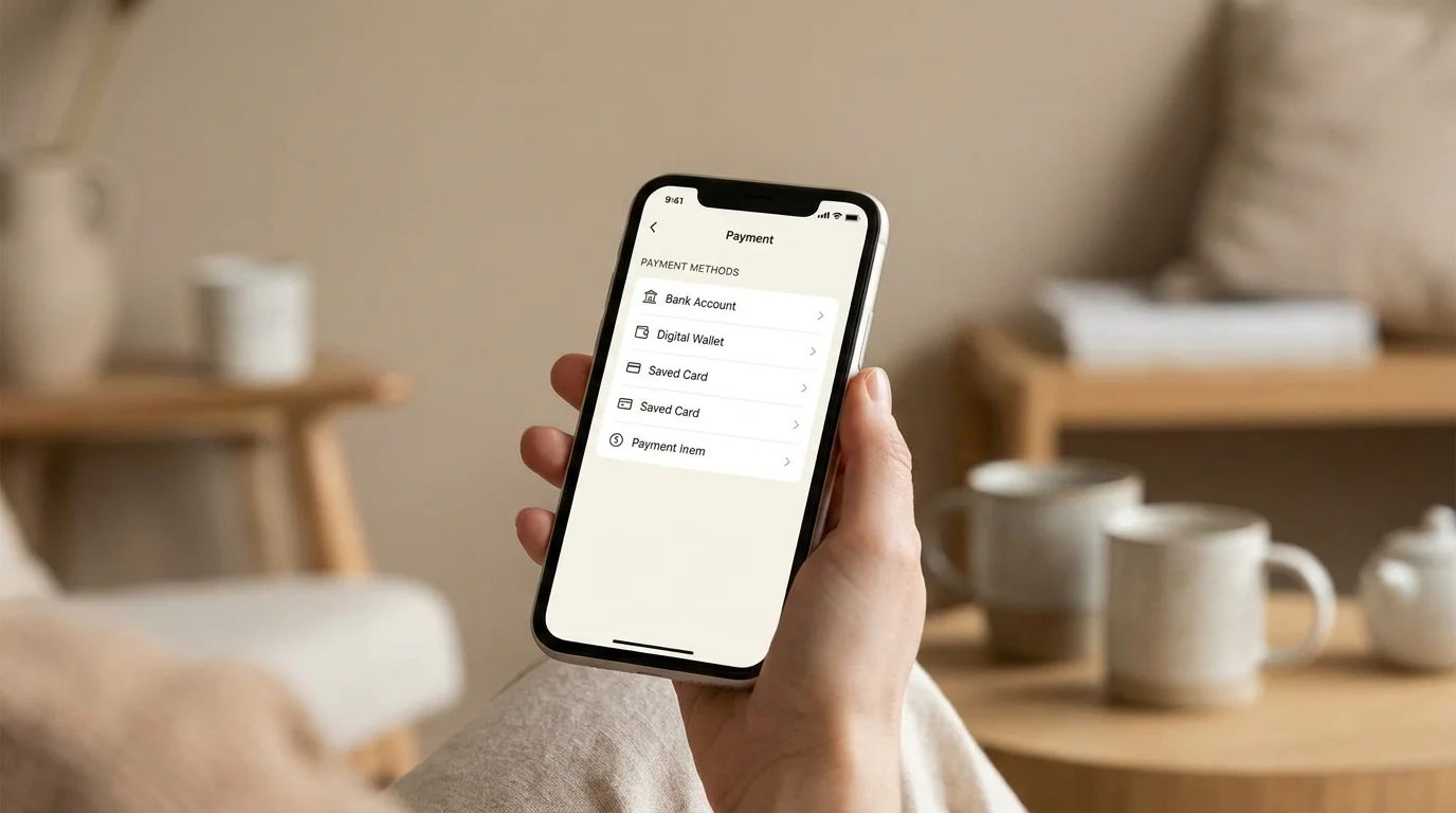 Smartphone mit E-Wallet-Anwendung und Liste von Zahlungsmethoden