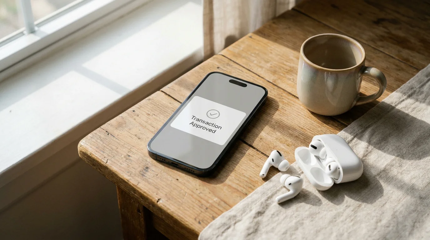 Smartphone mit Banking-App und Auszahlungsbestätigung auf dem Bildschirm