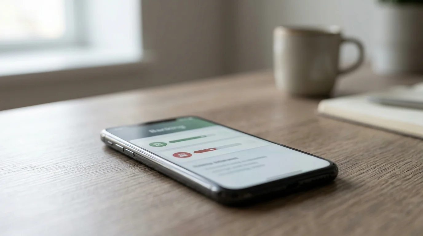 Smartphone mit einem Transaktionsverlauf, der Einzahlung und Auszahlung als getrennte Schritte zeigt