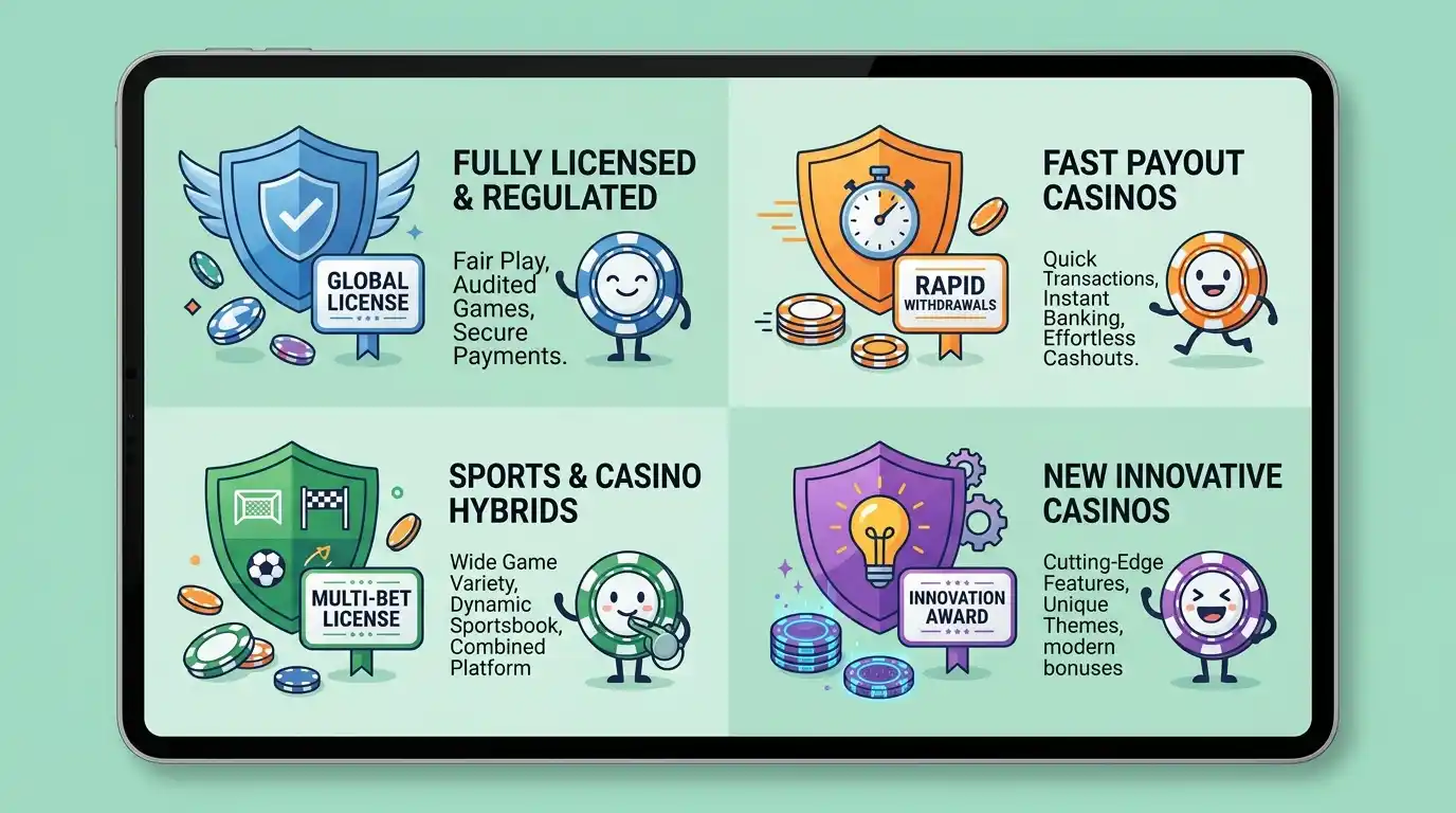 Übersicht der vier Online-Casino-Kategorien mit ecoPayz-Akzeptanz in Deutschland