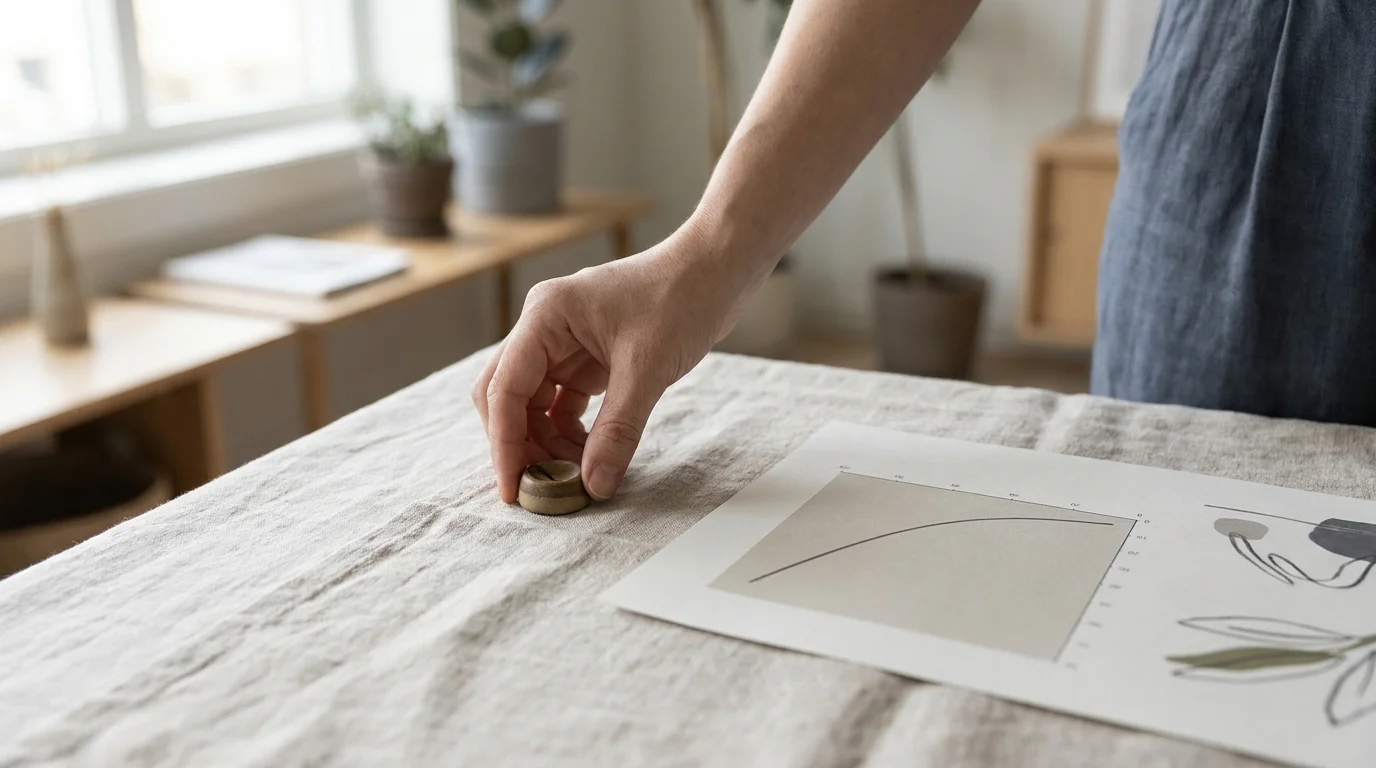 Hand legt eine kleine Keramik-Marke auf eine neutrale Fläche, daneben eine weiche Kurve auf Papier