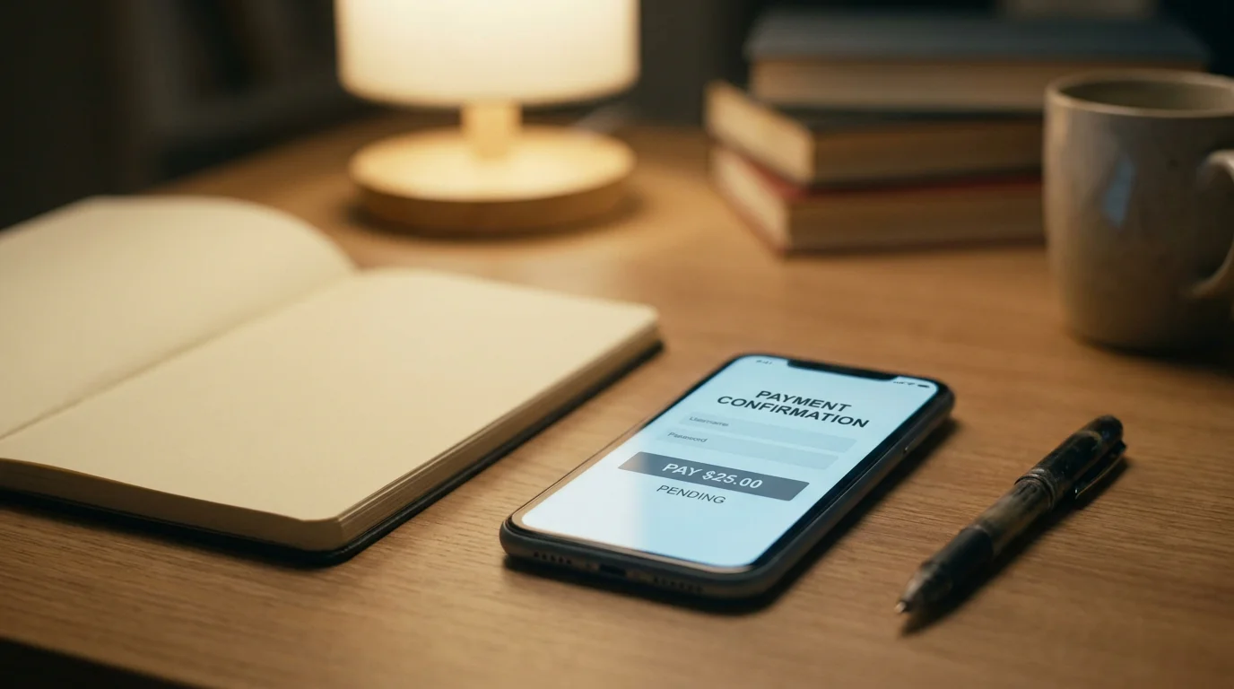 Smartphone mit neutraler Zahlungsoberfläche neben einem Notizblock am Schreibtisch