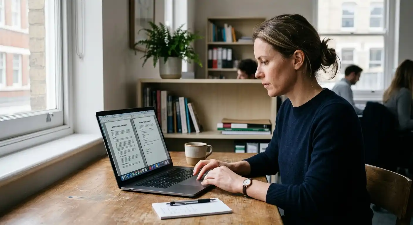 Person prüft eine neutrale Lizenzurkunde und Zahlungsbedingungen am Laptop