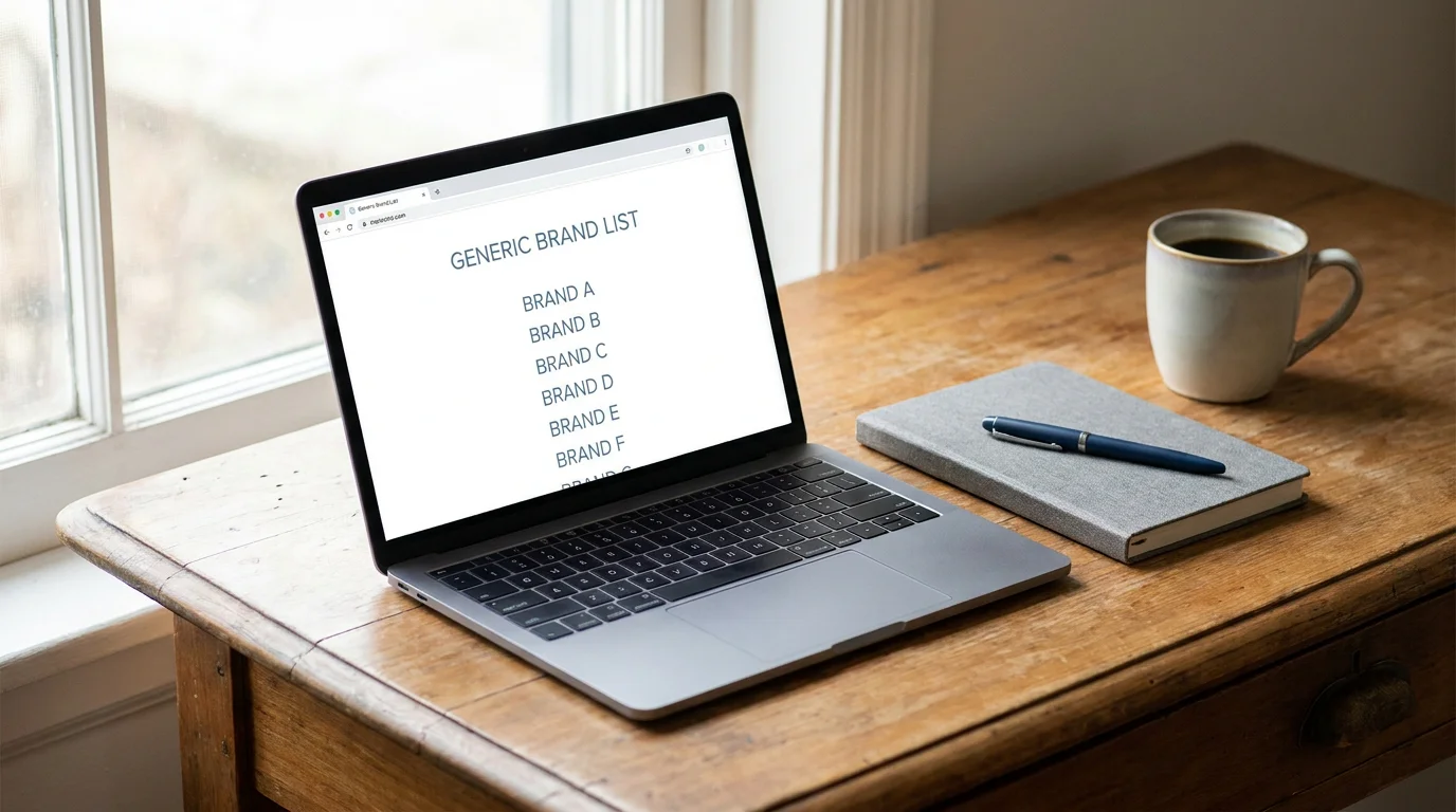Aufgeräumter Schreibtisch mit einem aufgeklappten Laptop, der eine neutrale Webseite mit Markenliste zeigt, daneben ein Notizbuch mit Stift und eine Tasse Kaffee, Tageslicht von links