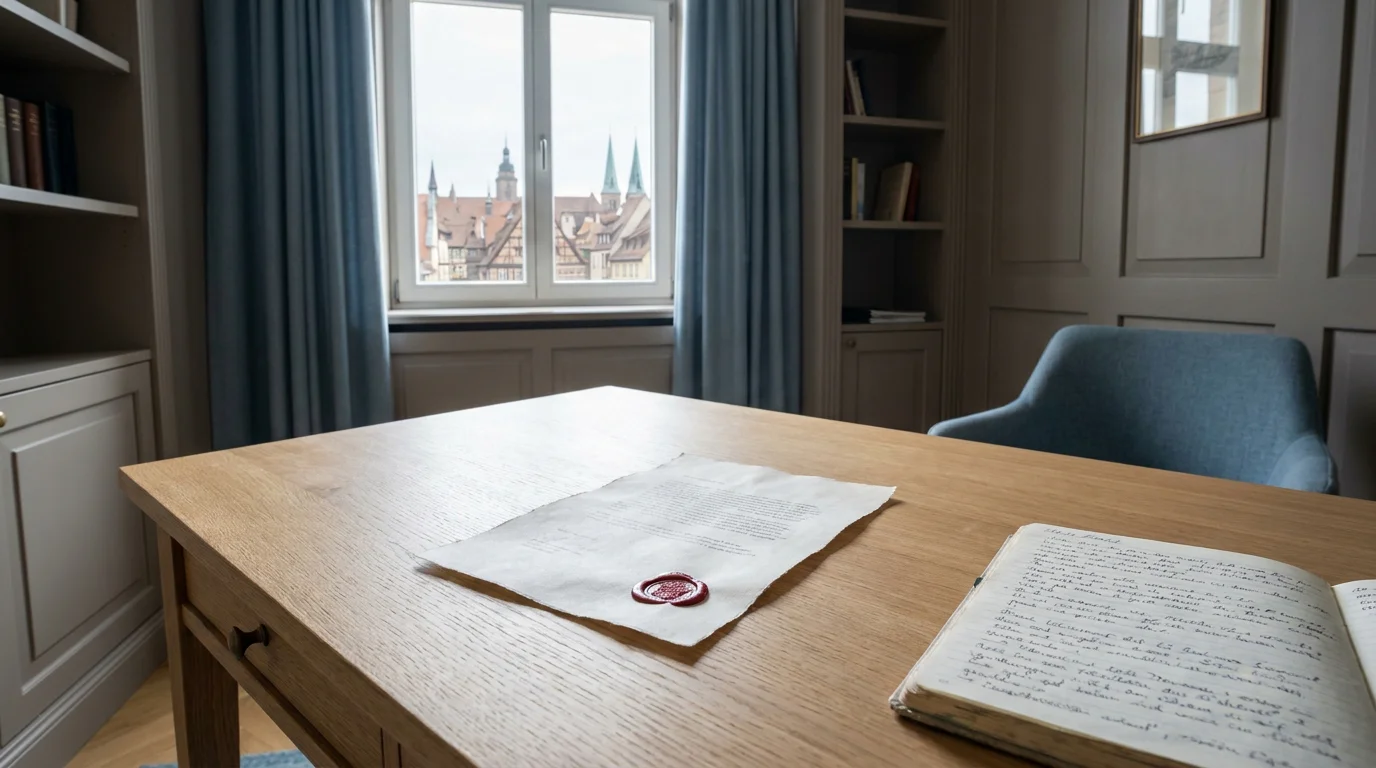 Bürotisch mit Stempel-Dokument und Notizbuch zur deutschen GGL-Aufsicht in Halle