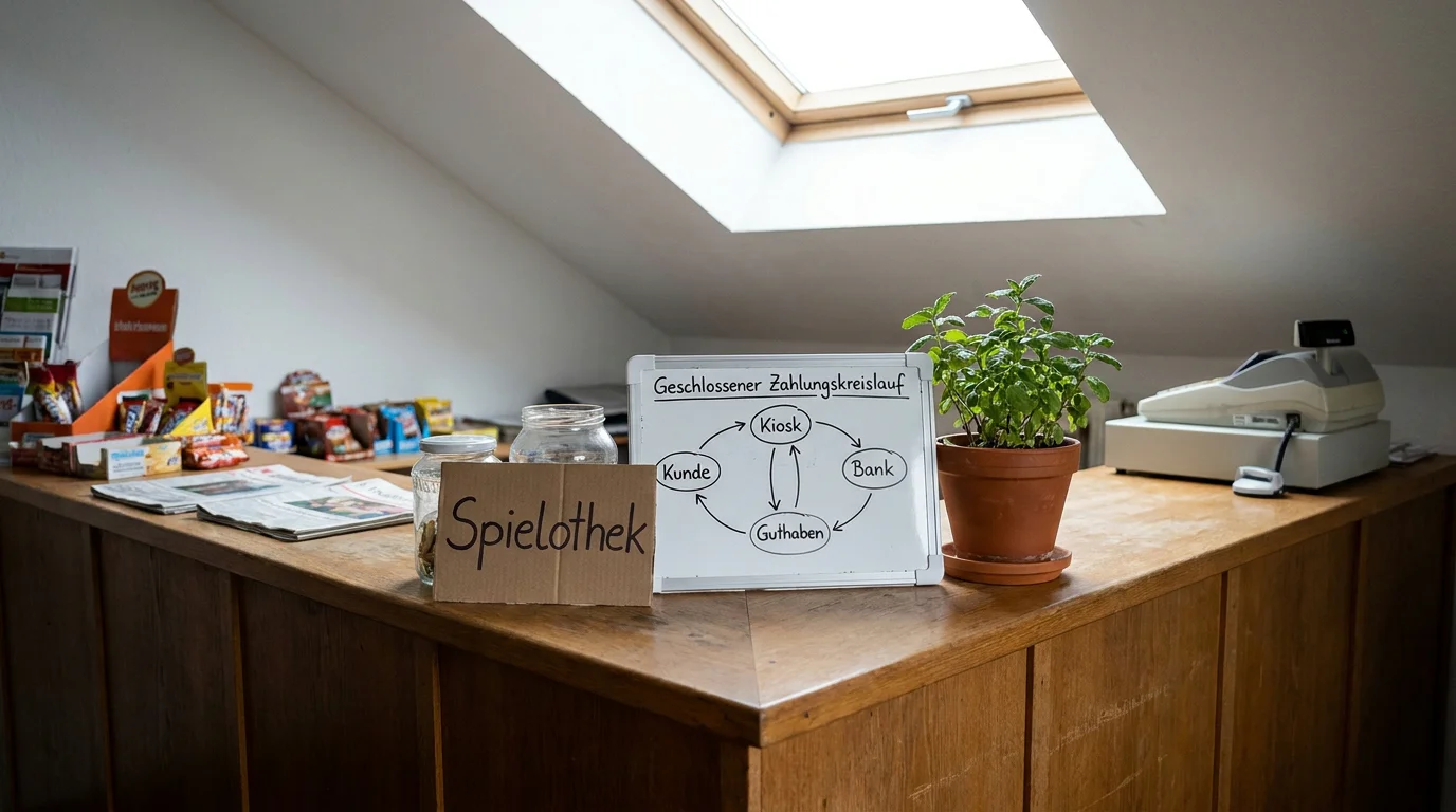 Schalteransicht einer realen Spielothek mit der Aufschrift am Eingang und Skizze zum geschlossenen Geldkreislauf