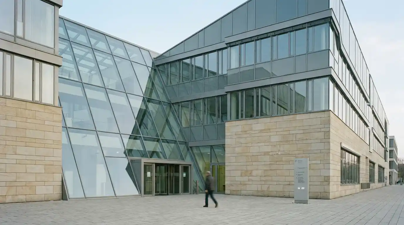 Behördengebäude mit klarer Architektur, kühles Tageslicht, kein Logo, keine Beschriftung