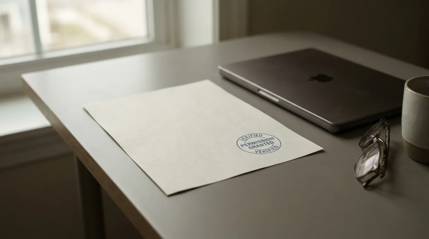 Neutrales Lizenzdokument mit Stempel auf einem aufgeräumten Tisch