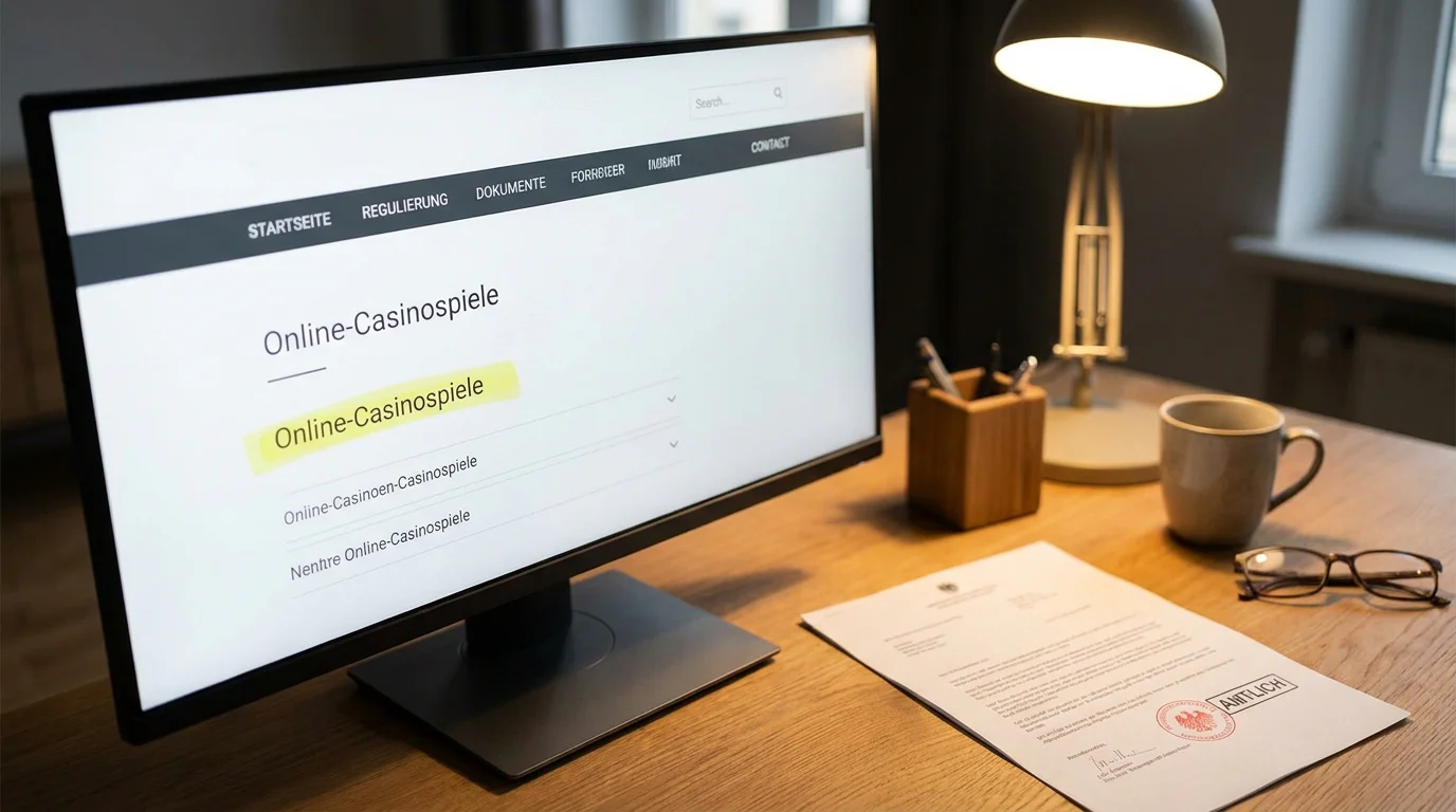 Offizielles GGL-Whitelist-Dokument auf einem Bildschirm mit Hervorhebung der Kategorie Online-Casinospiele